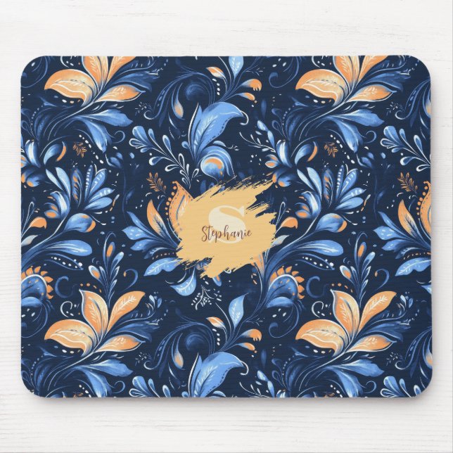 Mousepad Folhas azuis e Douradas de salsa de Abstrato (3) (Frente)