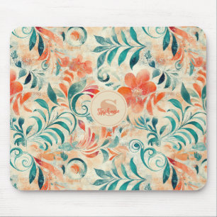 Mousepad Folhas Azuis Russas e Padrão Floral Vermelho-Laran