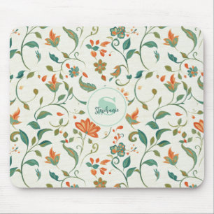 Mousepad Folhas Azul-Verde Vintage e Padrão Floral Laranja