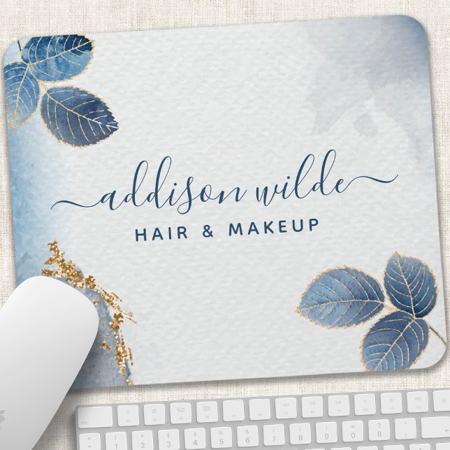 Mousepad Folhas Botânicas de Aquarela Azul Dourado Abstrato (Criador carregado)