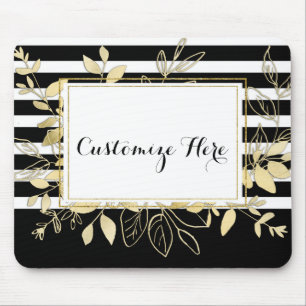 Mousepad Folhas Botânicas Preto Moderno Dourado Glamour Chi