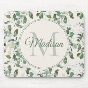 Mousepad Folhas de Eucalipto Verde Salvia Creme Nome Monogr
