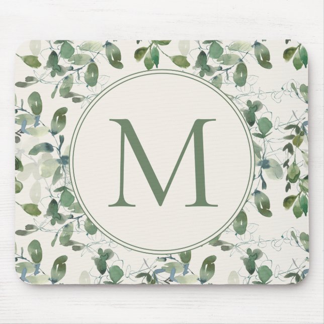 Mousepad Folhas de Eucalipto Verde Salvia Monograma Creme (Frente)