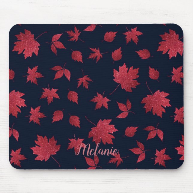 Mousepad Folhas de Outono Vermelhas Elegantes em Preto Pers (Frente)