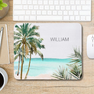 Mousepad Folhas de Palmeira Tropical Monogramada Praia Azul