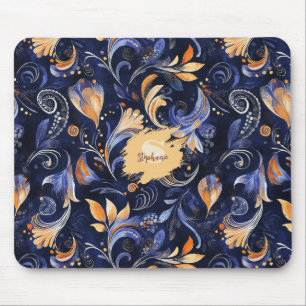 Mousepad Folhas de salsa Abstrato azuis e Douradas