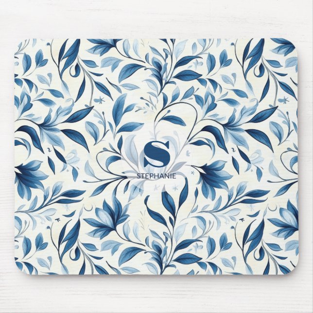 Mousepad Folhas de salsa azul Elegante - Fundo branco (1) (Frente)