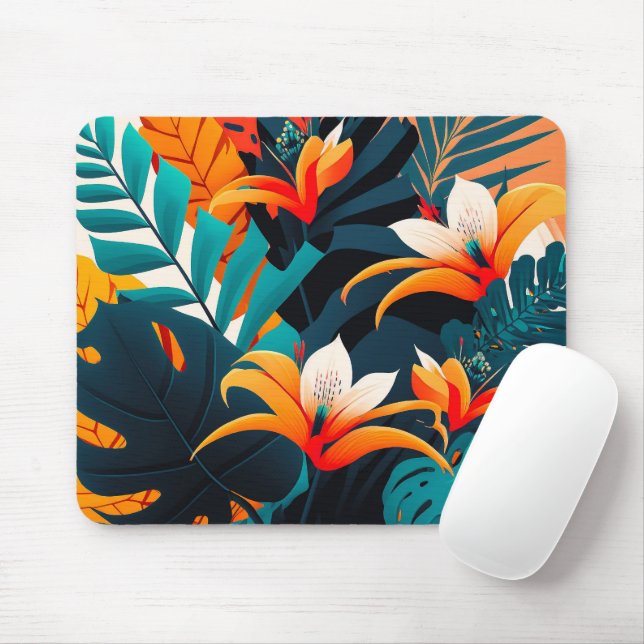 Mousepad Folhas e flores tropicais coloridas e elegantes | (Com mouse)