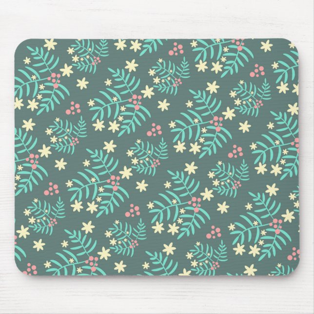 Mousepad Folhas e Frutas Botânicas Bonitas Padrão Azul (Frente)