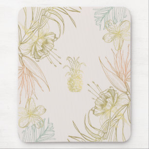Mousepad Folhas Florais Botânicas Tropicais Abacaxi Dourado