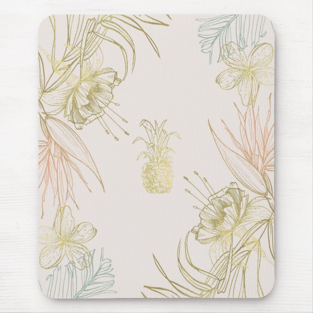 Mousepad Folhas Florais Botânicas Tropicais Abacaxi Dourado (Frente)
