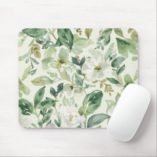 Mousepad Folhas Florais de Aquarela Verde Botânica Natureza