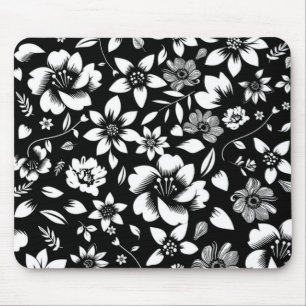 Mousepad Folhas Florais Modernas Brancas Negras Brilhando I