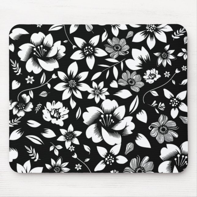 Mousepad Folhas Florais Modernas Brancas Negras Brilhando I (Frente)