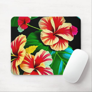 Mousepad Folhas Tropicais Coloridas e Flores de Hibisco