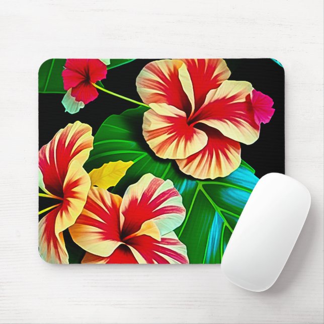 Mousepad Folhas Tropicais Coloridas e Flores de Hibisco | (Com mouse)