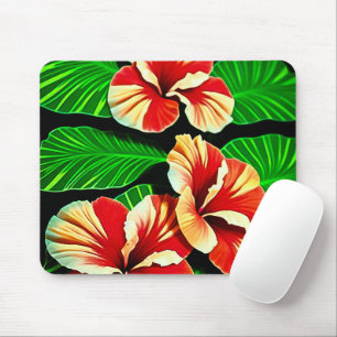 Mousepad Folhas Tropicais Coloridas e Flores de Hibisco