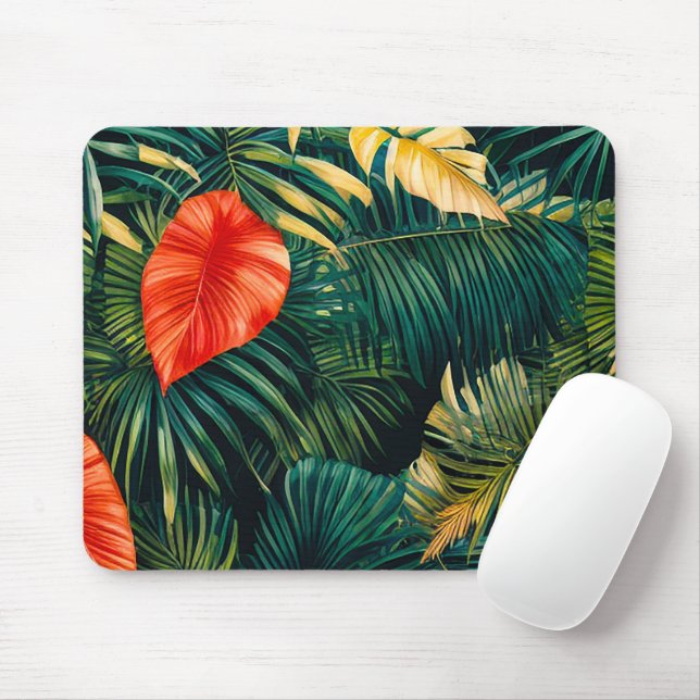 Mousepad Folhas Tropicais Coloridas e Flores de Hibisco | (Com mouse)