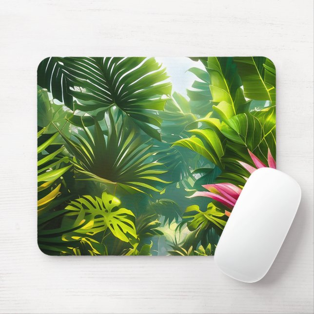 Mousepad Folhas Tropicais Coloridas e Flores de Hibisco | (Com mouse)