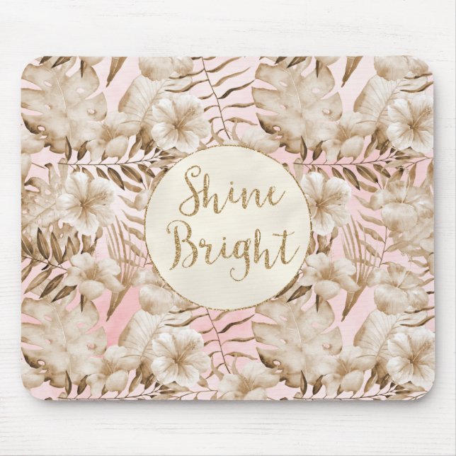 Mousepad Folhas Tropicais De Creme Blush Dourado Brilhante (Frente)
