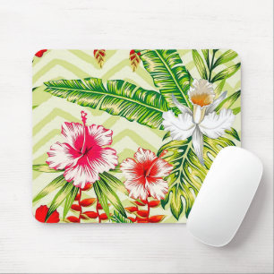 Mousepad Folhas Tropicais Elegantes e Flores de Hibisco  