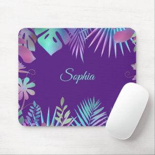 Mousepad Folhas Tropicais Iridescentes, Nome Teal em Roxo