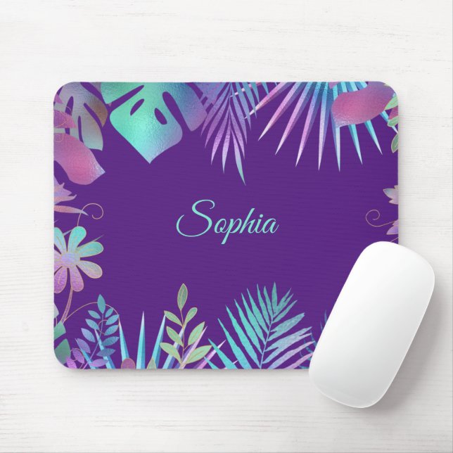 Mousepad Folhas Tropicais Iridescentes, Nome Teal em Roxo (Com mouse)