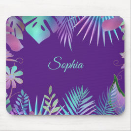 Mousepad Folhas Tropicais Iridescentes, Nome Teal em Roxo