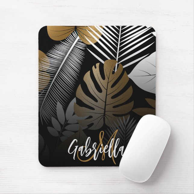 Mousepad Folhas tropicais pretas e Ouros (Com mouse)