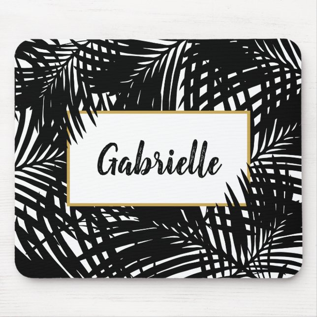 Mousepad Folhas tropicais preto e branco modernos (Frente)