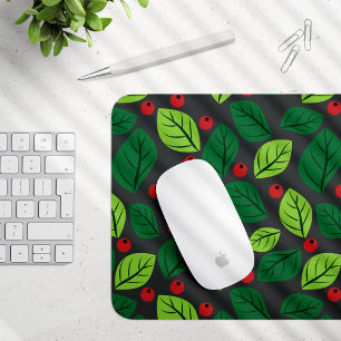 Mousepad Folhas Verdes, Berries Vermelhos, Padrão De Folhas