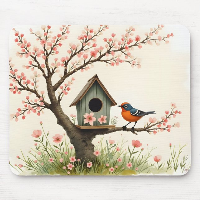 Mousepad Folk Art Bird and Birdhouse (Frente)
