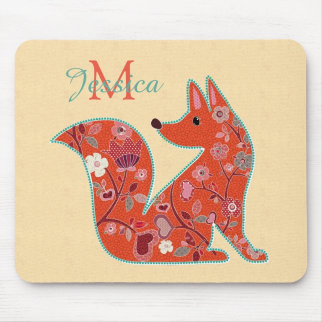 Mousepad Folk Art Flower Pattern Fox Personalizado (Frente)