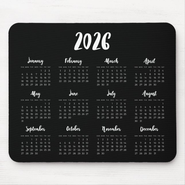 Mousepad Fonte moderna 2025 Calendário preto (Frente)