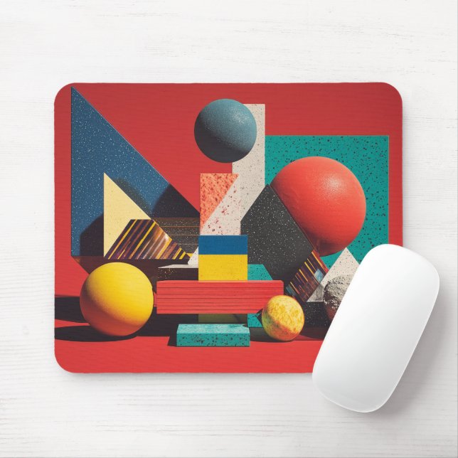Mousepad Formas Geométricas Coloridas sobre Fundo Vermelho (Com mouse)
