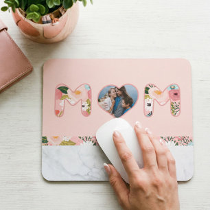 Mousepad Foto cardíaca MOM Padrão Floral e Pink Marble