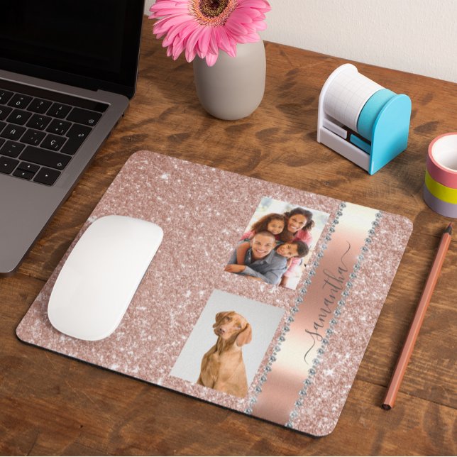 Mousepad Foto de Diamante Brilhante Nome Monograma Rosa Dou (Criador carregado)
