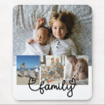Mousepad Foto personalizada e texto da família com coração<br><div class="desc">Faça um mousepad personalizado de manutenção da colagem de quatro fotos de Ricaso - adicione suas próprias fotos a este design de tipografia FAMÍLIA de excelente com mouse pad de detalhes cardíacos - os presentes de manutenção de fotos são maravilhosos para você mesmo ou para dar a família e amigos...</div>
