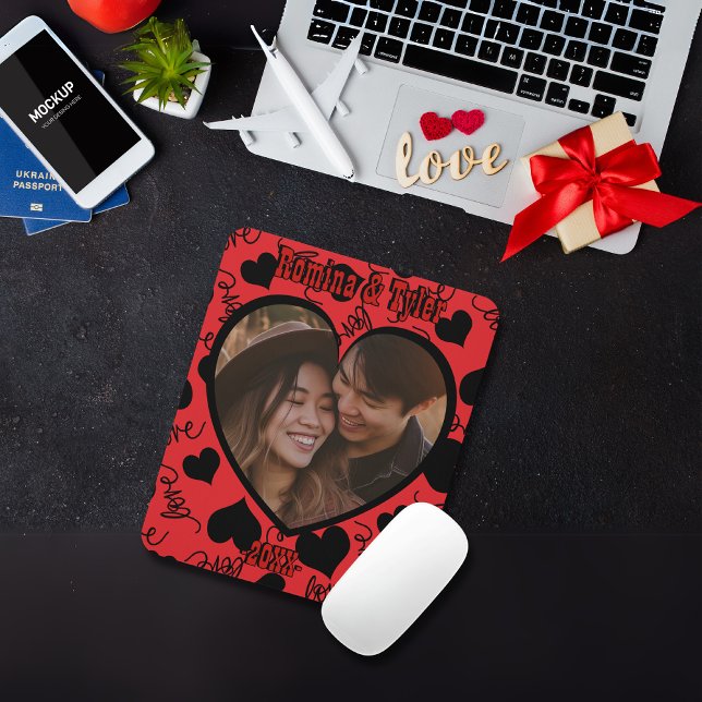 Mousepad Foto personalizada | Padrão vermelho com nomes per (Custom Photo | Red Pattern with Personalize names Mouse Pad)