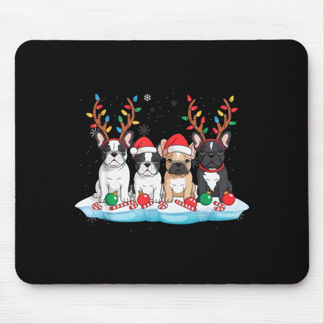 Mousepad Four French Bulldog Dogs Christmas Light Reindeer  (Frente)
