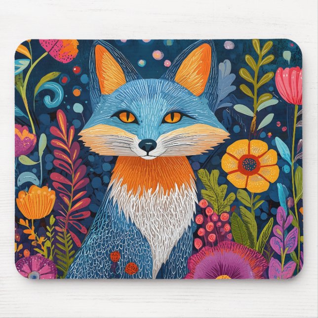 Mousepad Fox Dot Art Vibrante Em Meio À Flora Esbuvada (Frente)