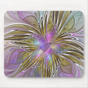 Mousepad Fractal Abstrato Colorida Floral, Rosa E Dourada