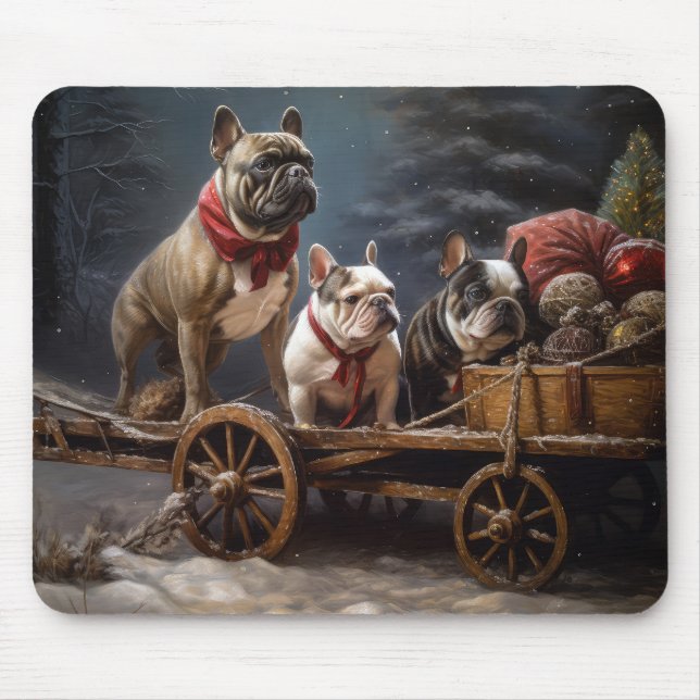 Mousepad Francês Bulldog Snowy Sleigh Decência de Natal (Frente)
