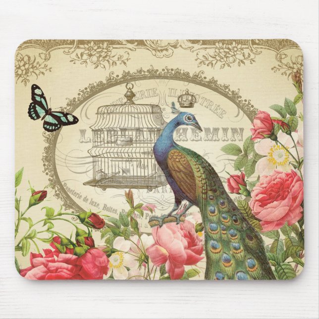 Mousepad francês do pavão do vintage (Frente)