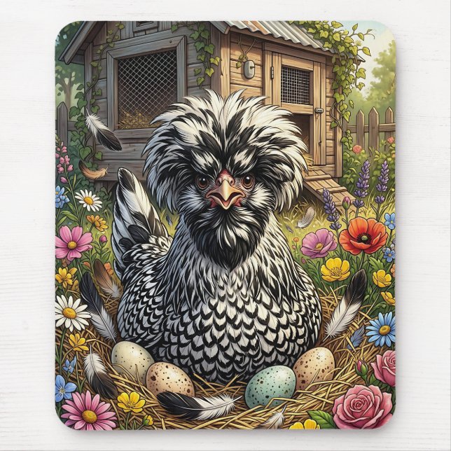 Mousepad Frango Polonês Preto e Branco Fofo (Frente)