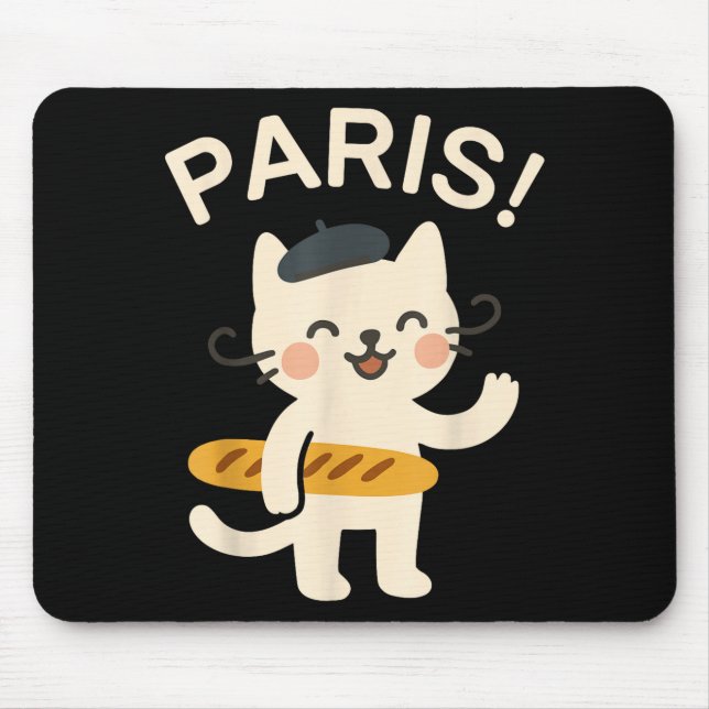 Mousepad French Cat With Baguette Cute Cat Paris Funny Anim (Frente)