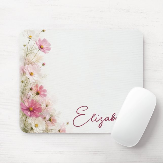 Mousepad Fronteira Floral de Cosmos Rosa e Branco (Com mouse)