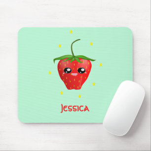 Mousepad Fruta de morango monograma kawaii em turquesa