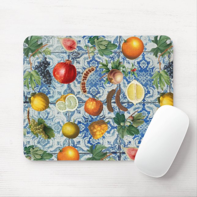 Mousepad Fruta de Verão do Mediterrâneo e Mosaico Branco Az (Com mouse)