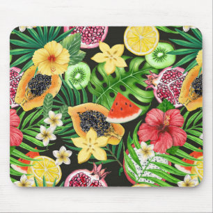 Mousepad Frutas tropicais, flores e folhas a preto